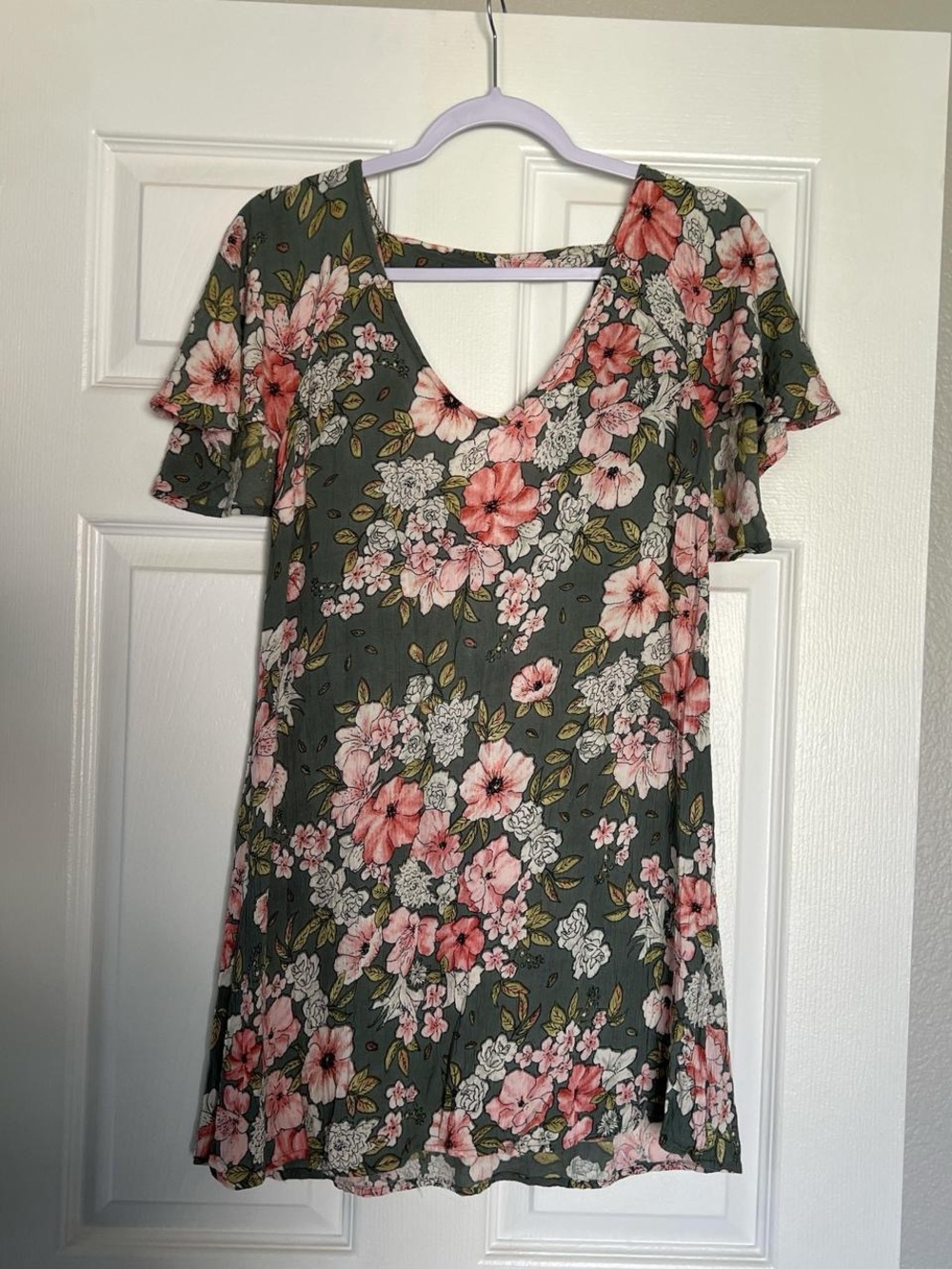 Green and pink floral flowy mini dress with ruffle sleeves